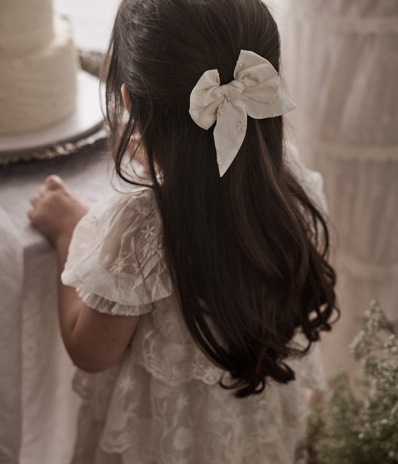 Kids white embroidered hair clip bow