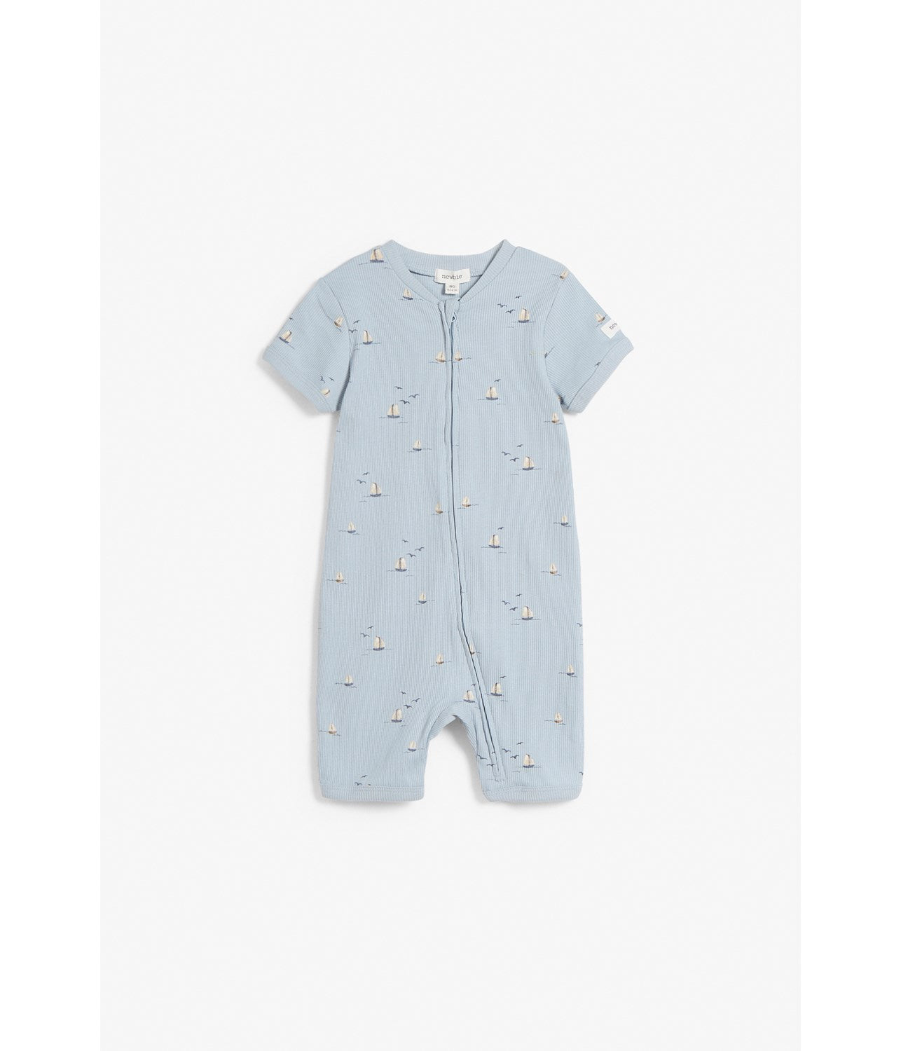 Baby blue sailboat-print rib knit romper