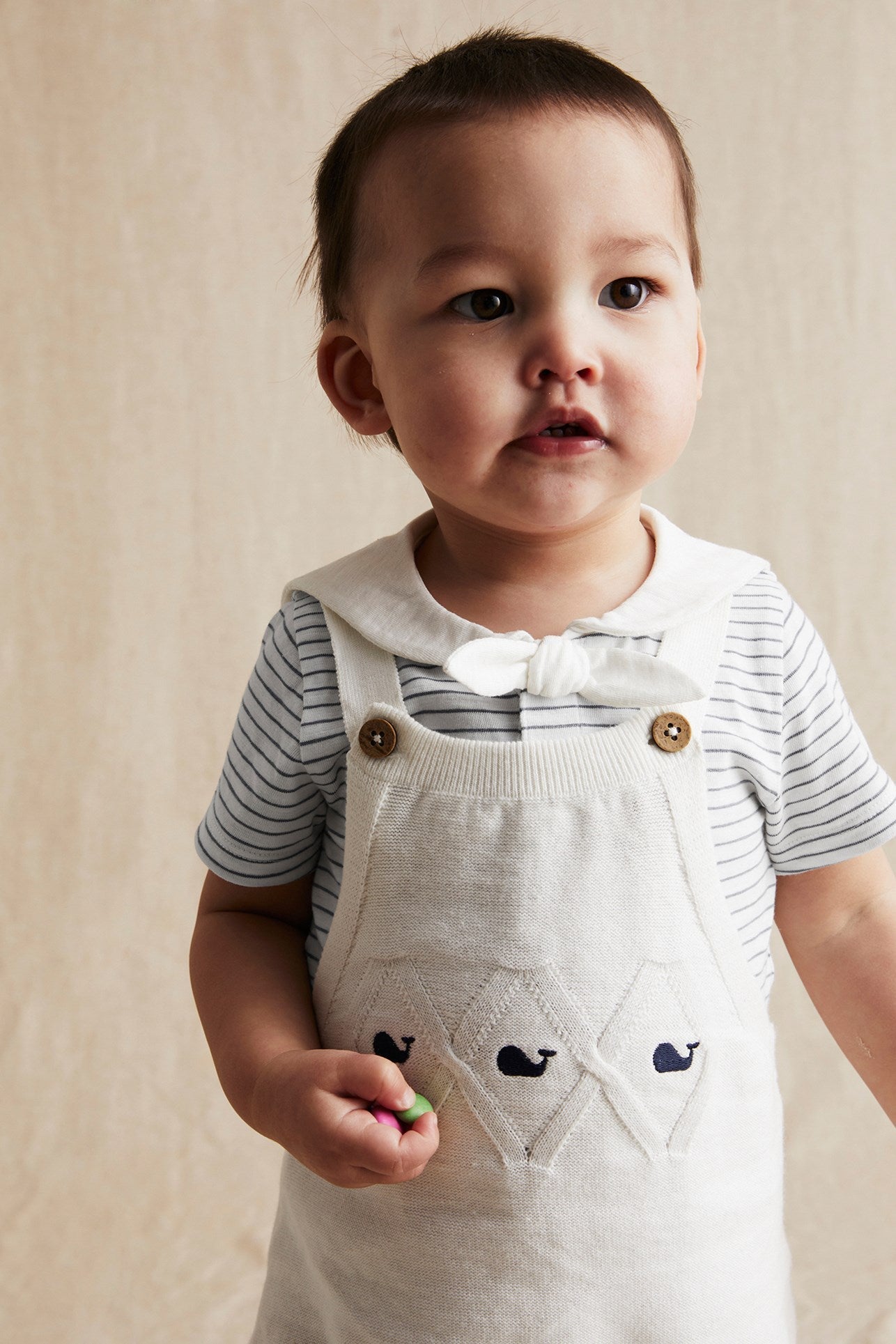 Baby white knitted whale dungaree shorts