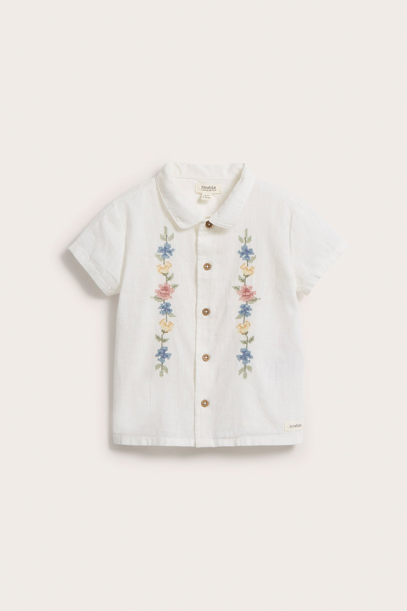 Baby white cross-stitch floral embroidery short-sleeved shirt