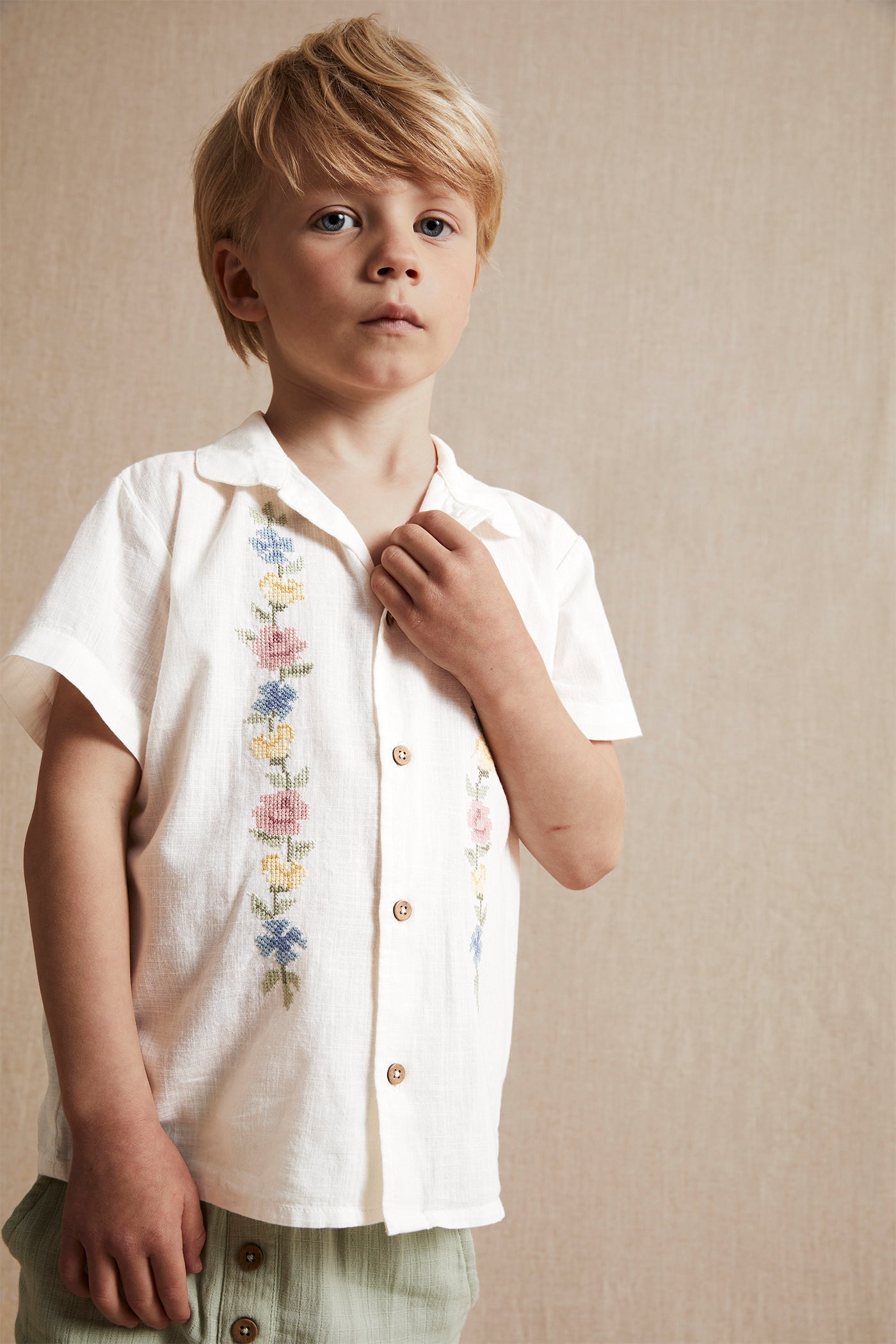 Kids white cross-stitch floral embroidery short-sleeved shirt