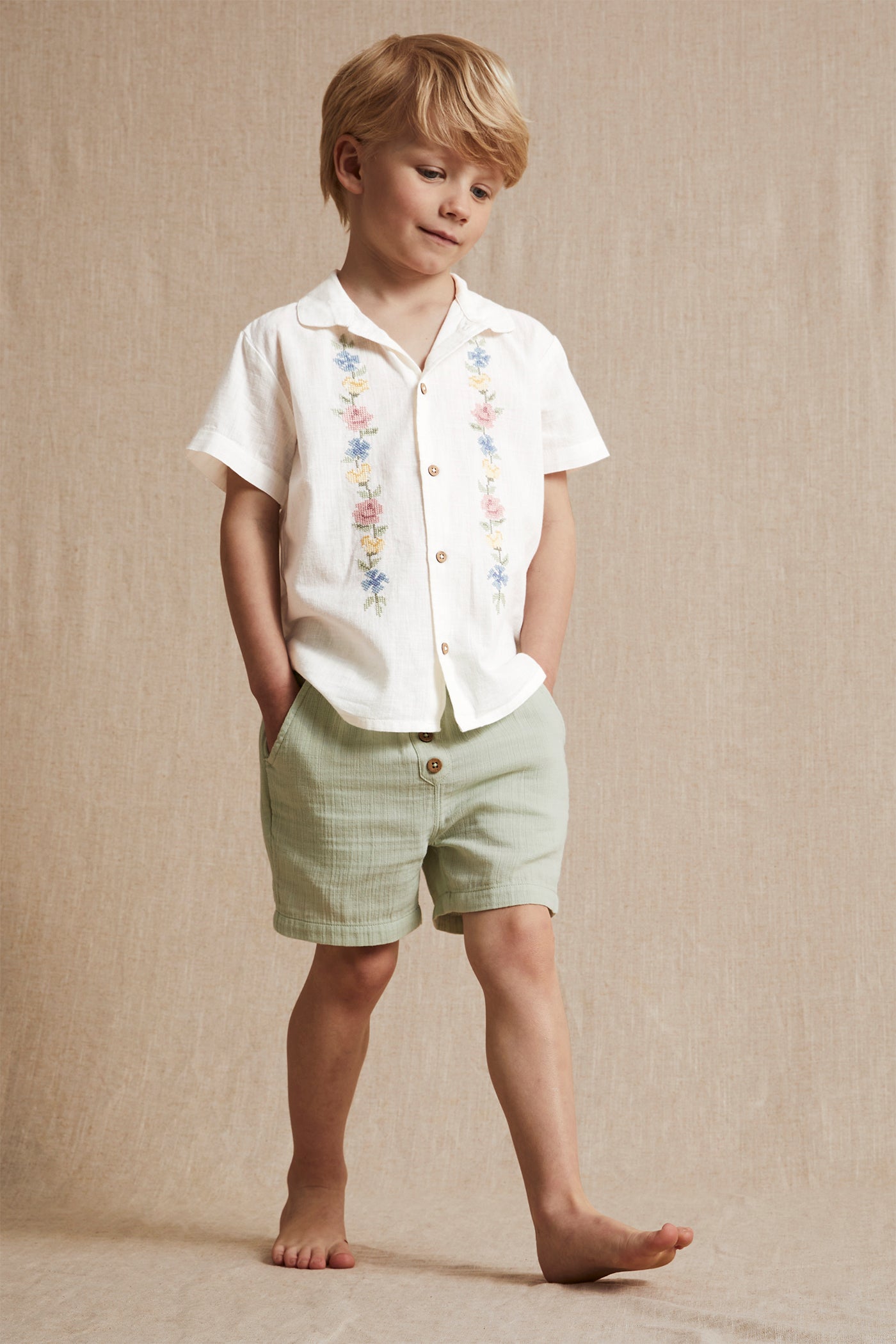 Kids white cross-stitch floral embroidery short-sleeved shirt