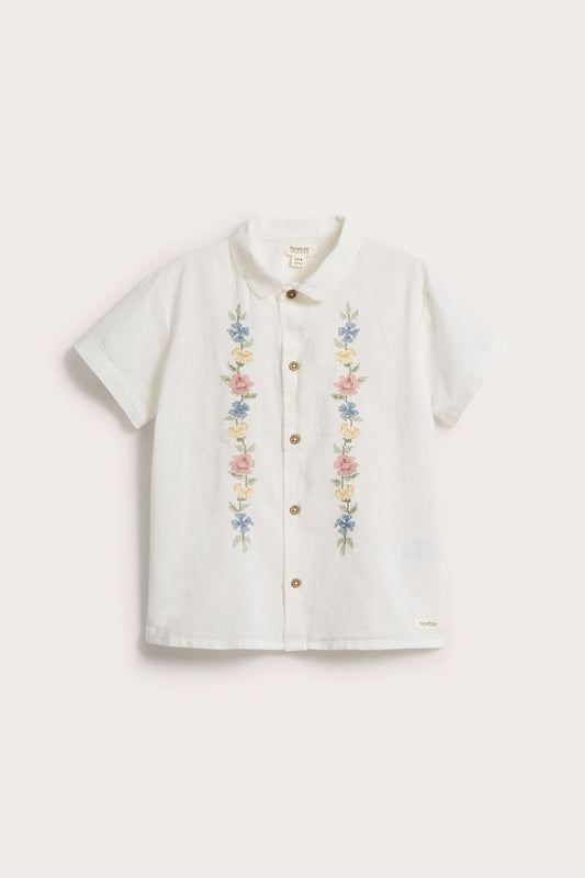 Kids white cross-stitch floral embroidery short-sleeved shirt