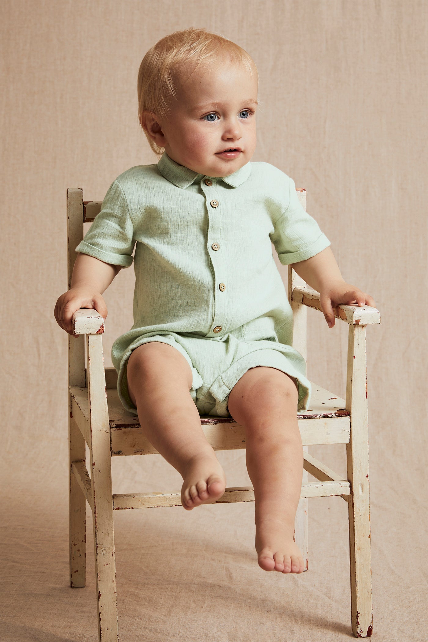 Baby green cotton muslin romper