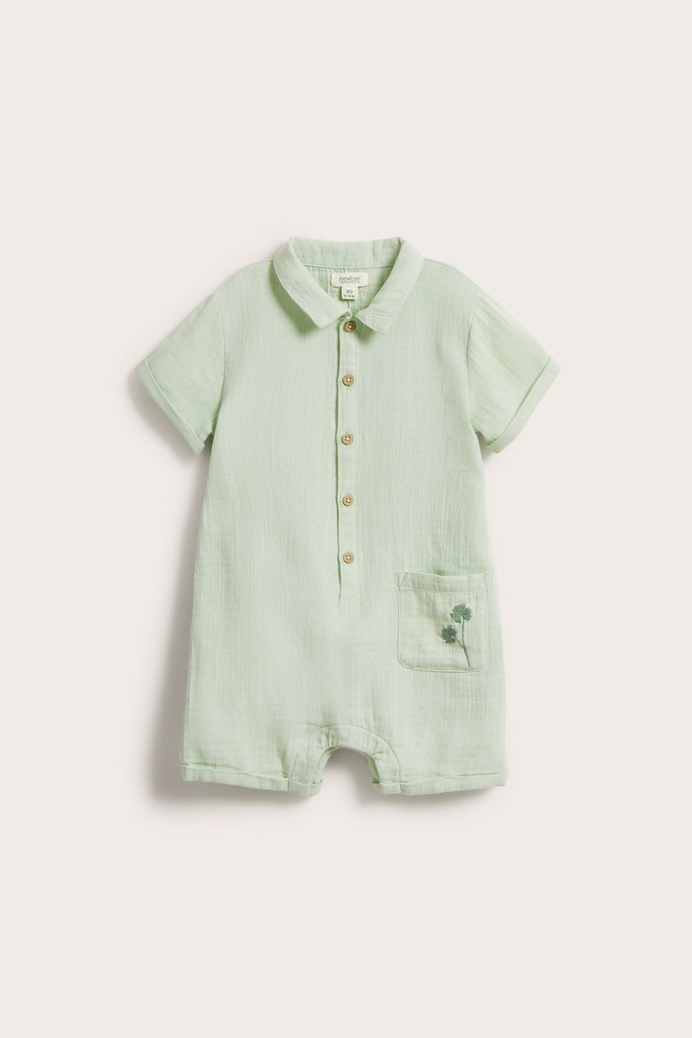 Baby green cotton muslin romper