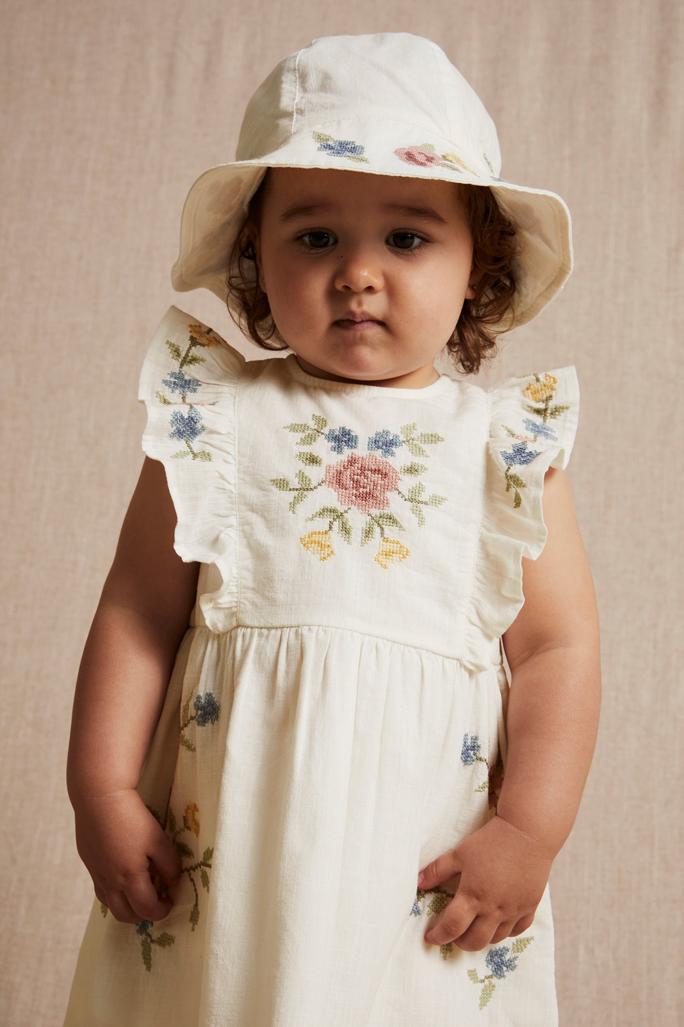 Baby white cross-stitch floral embroidery dress