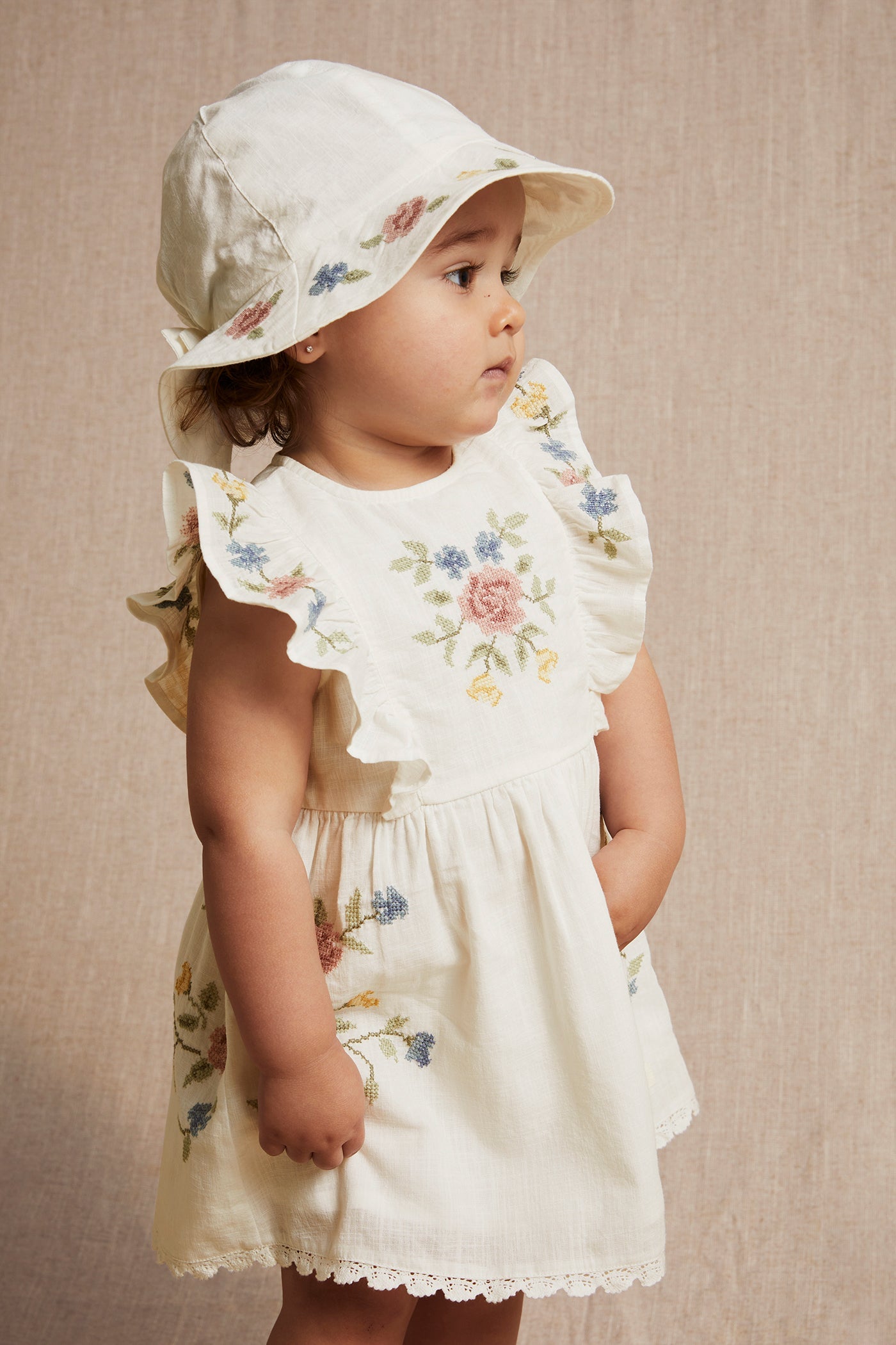 Baby white cross-stitch floral embroidery dress