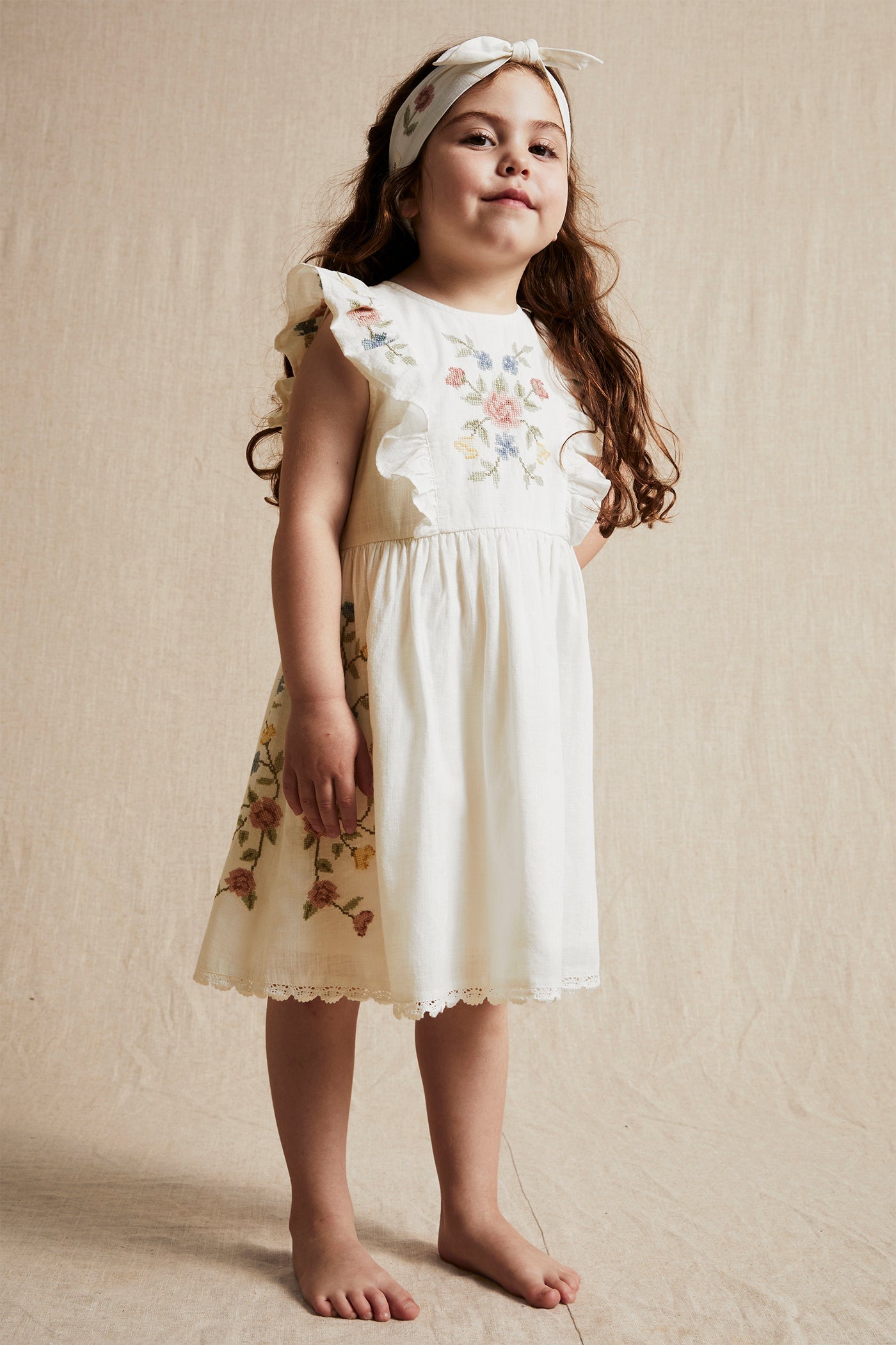 Kids white cross-stitch floral embroidery dress