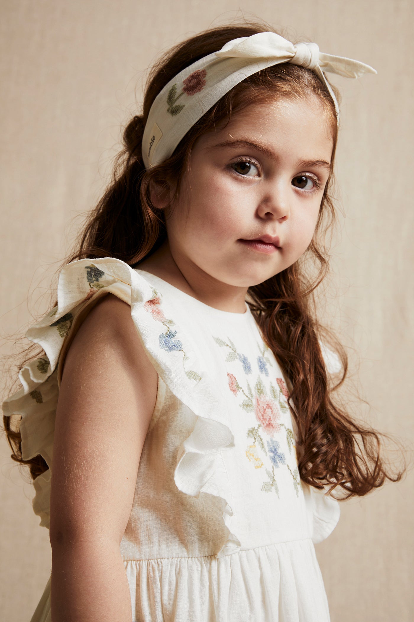 Kids white cross-stitch floral embroidery dress