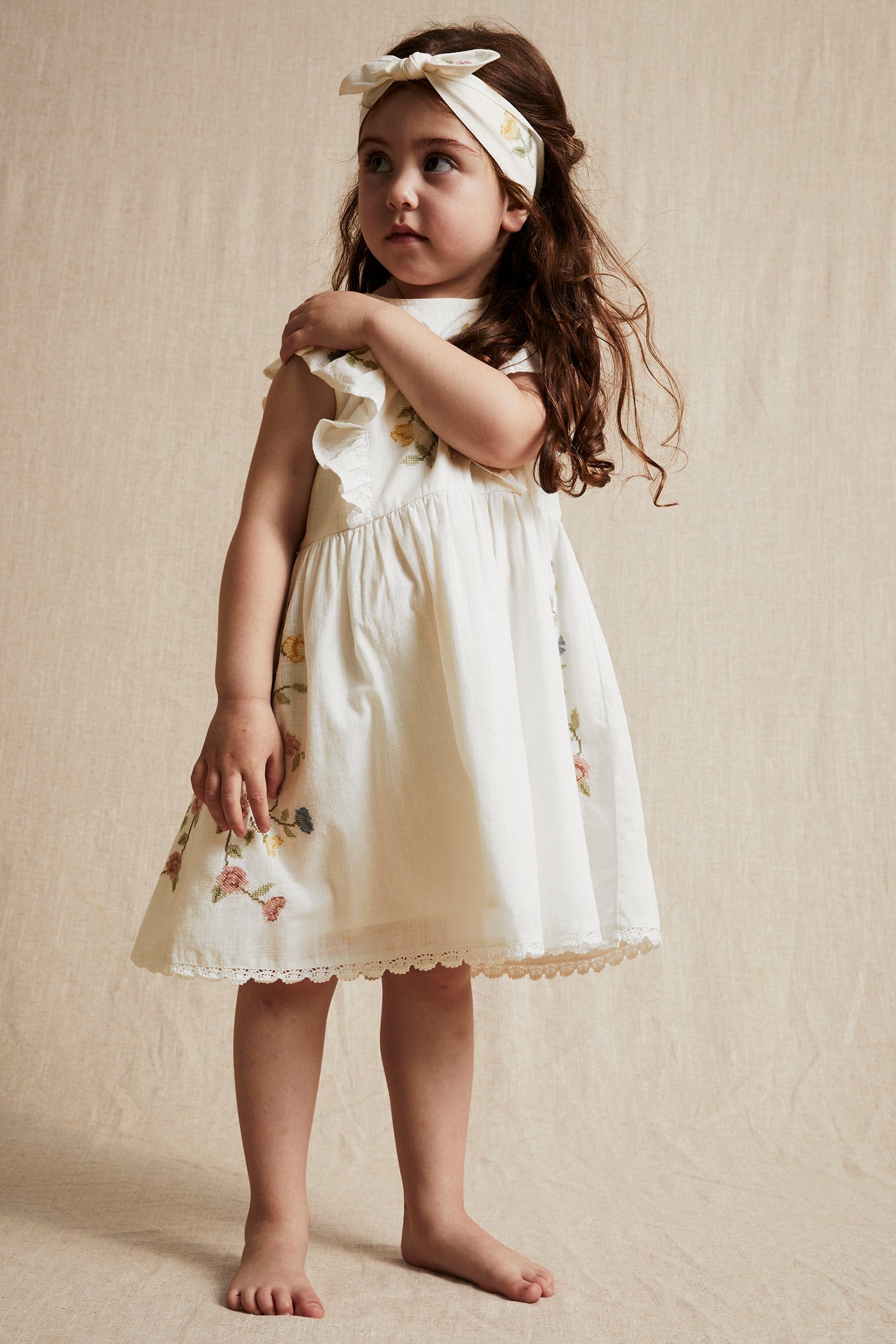 Kids white cross-stitch floral embroidery dress