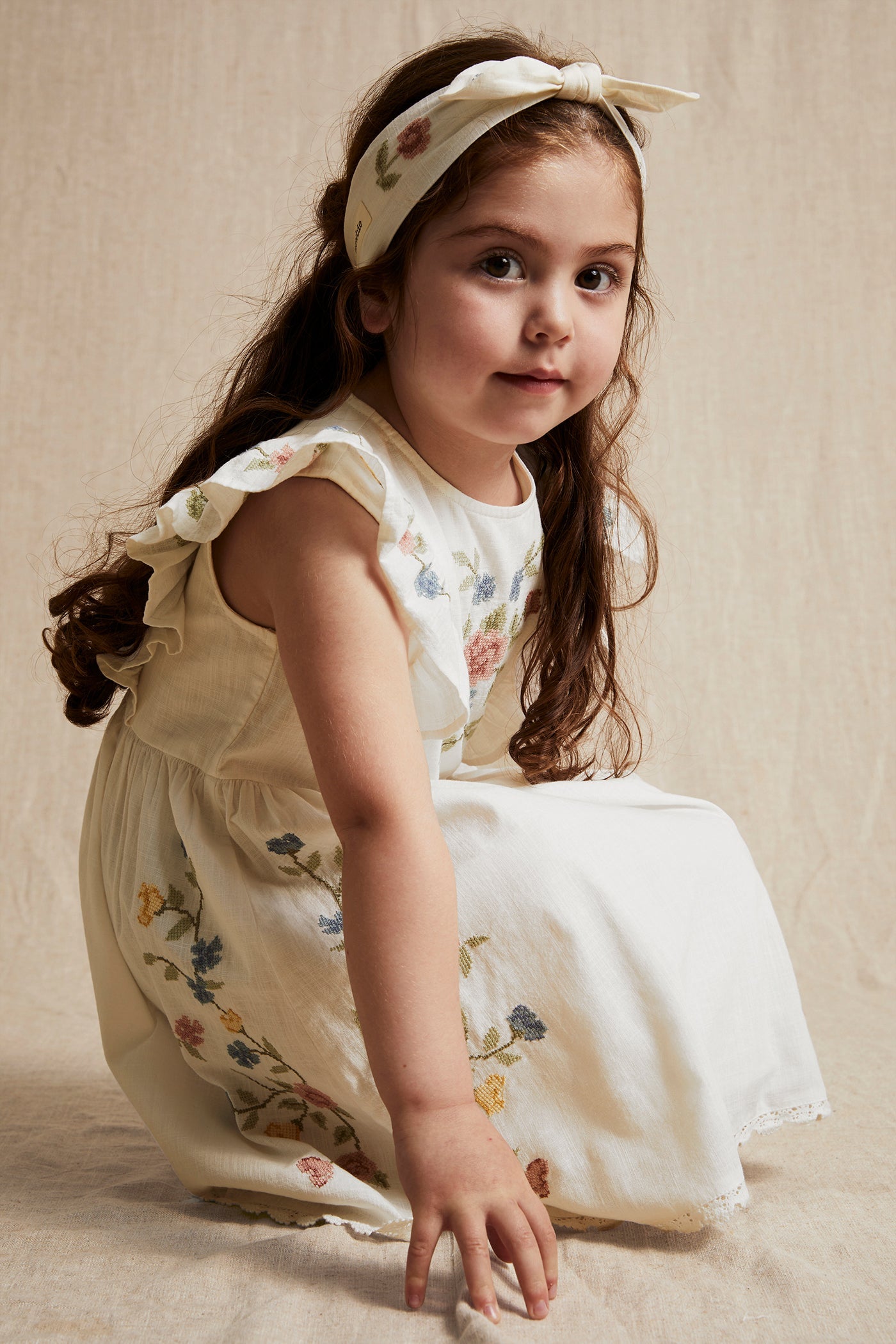 Kids white cross-stitch floral embroidery dress