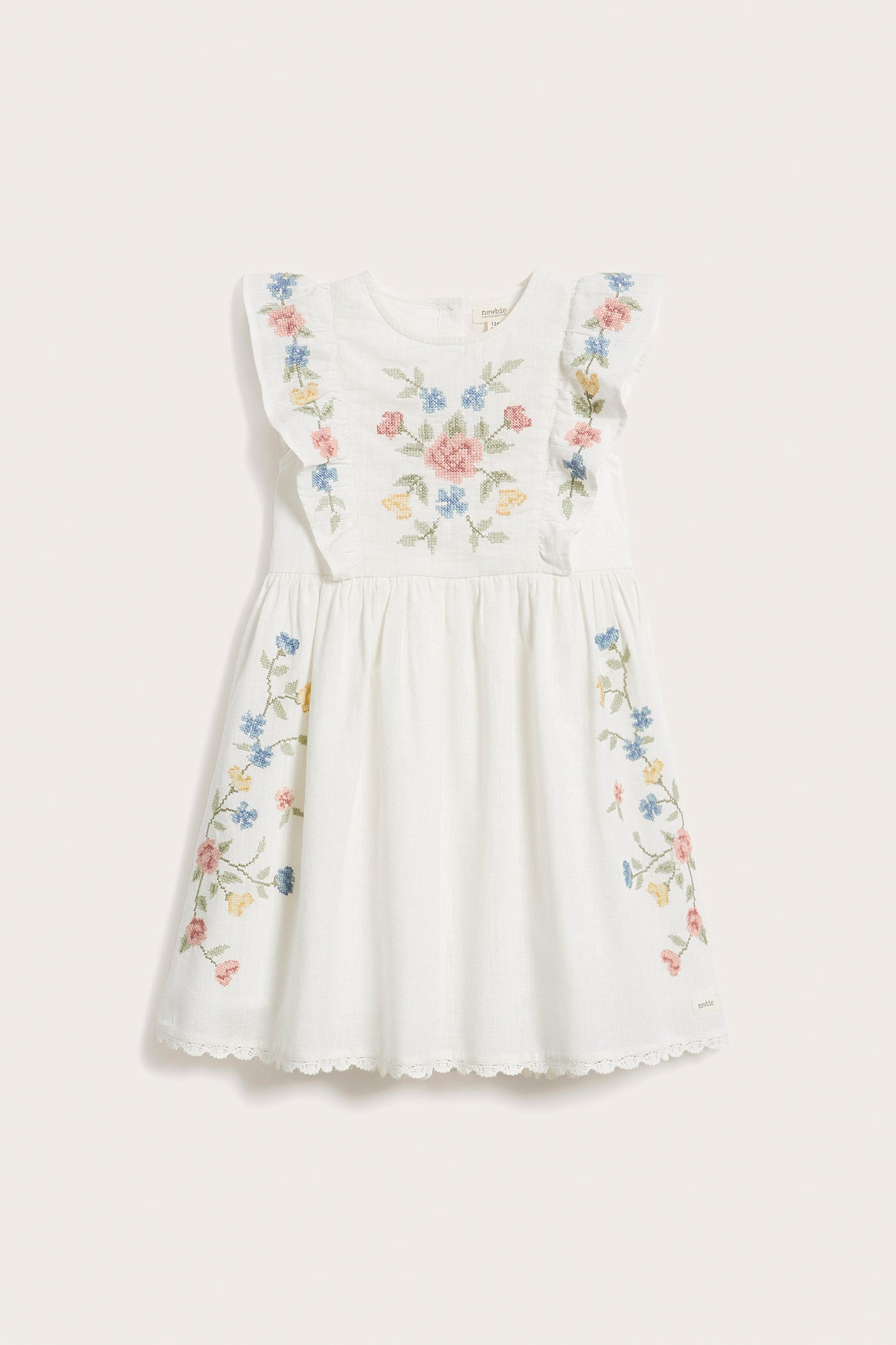 Kids white cross-stitch floral embroidery dress