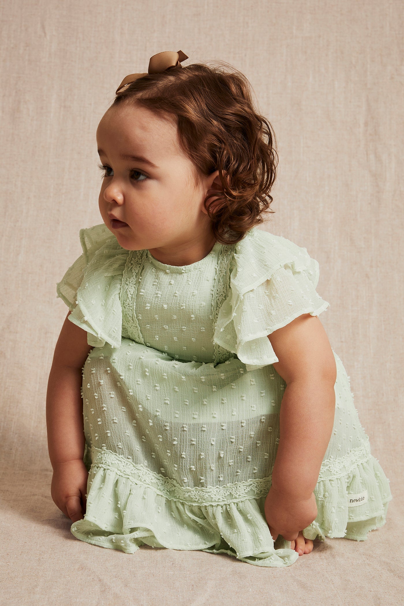 Baby green dobby dot chiffon dress