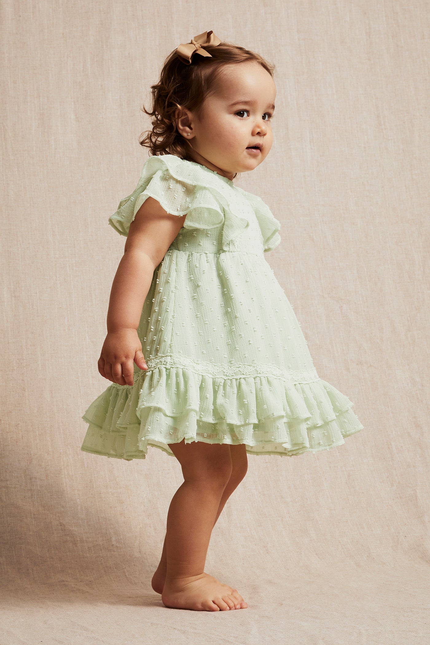 Baby green dobby dot chiffon dress