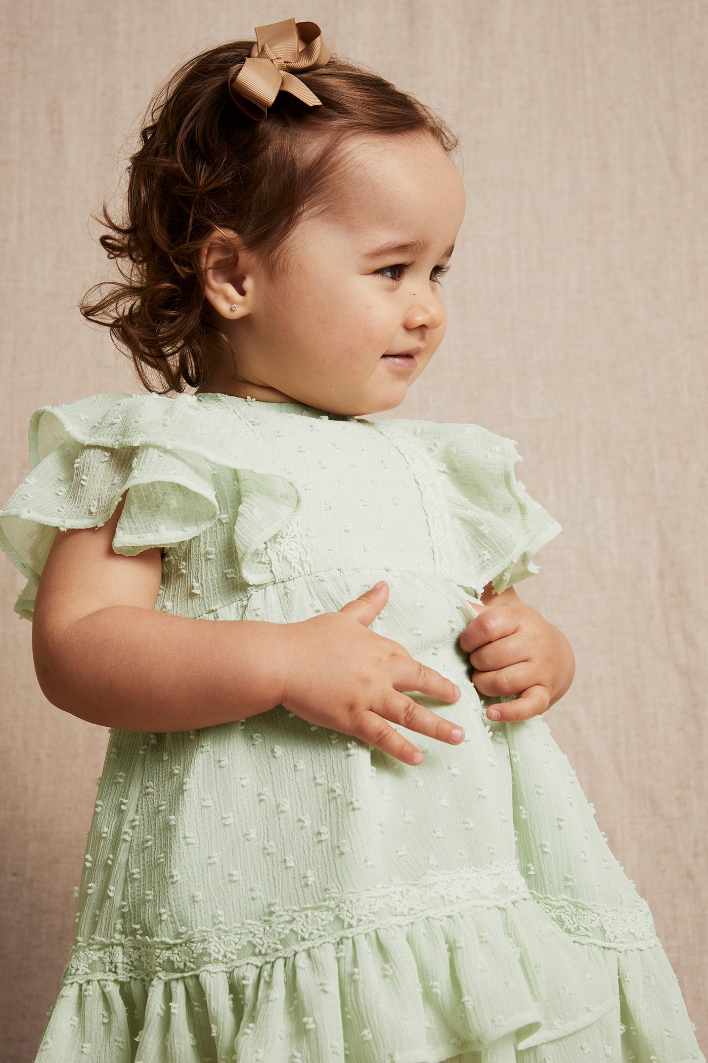 Baby green dobby dot chiffon dress