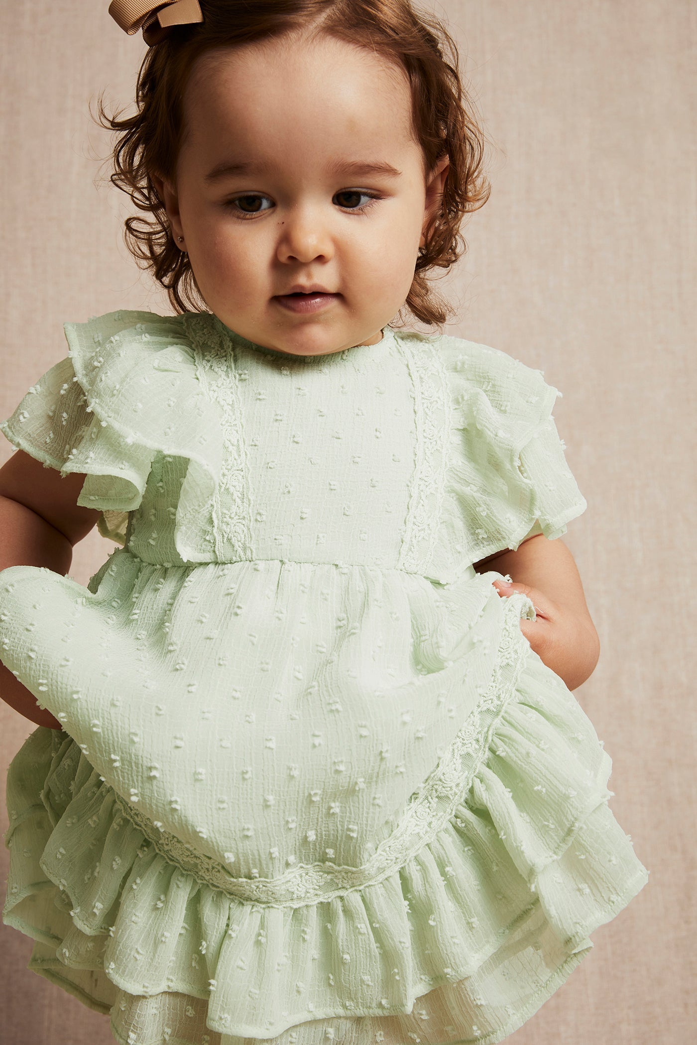 Baby green dobby dot chiffon dress