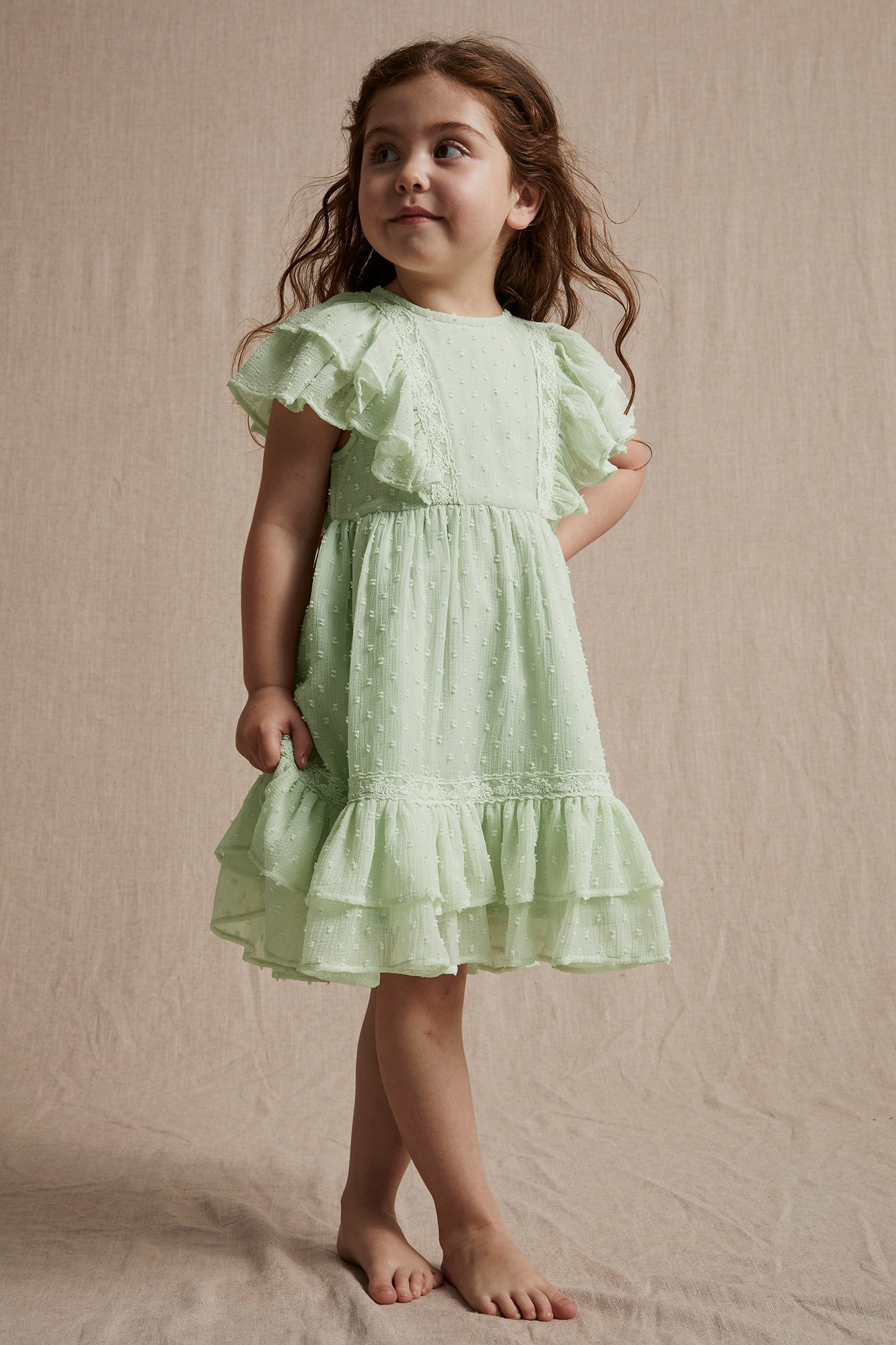 Kids green dobby dot chiffon dress