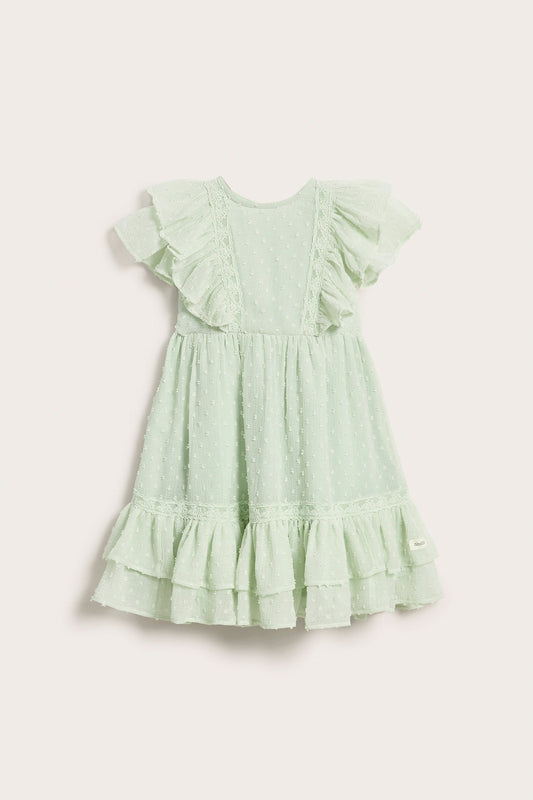 Kids green dobby dot chiffon dress