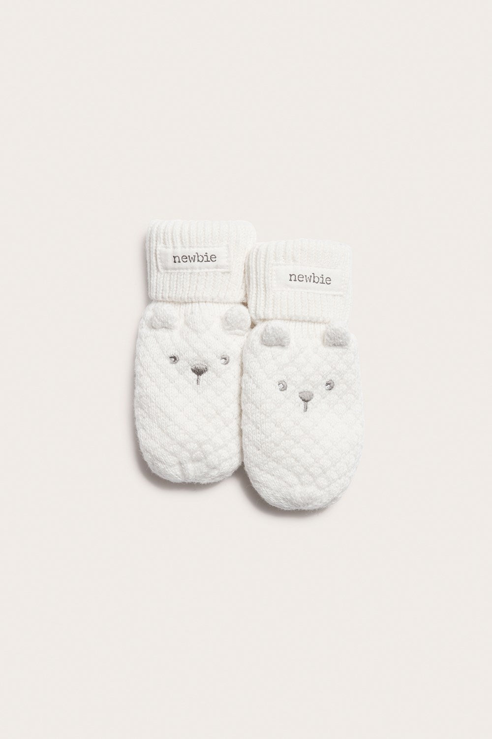 Baby white knitted thumbless bear-face mittens