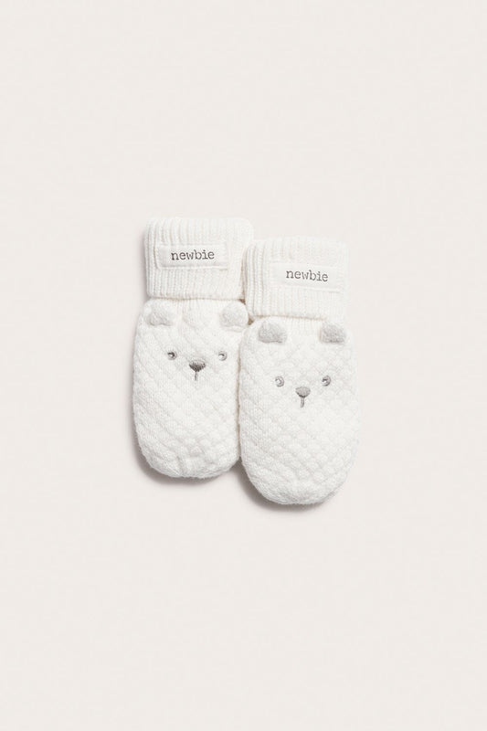 Baby white knitted thumbless bear-face mittens