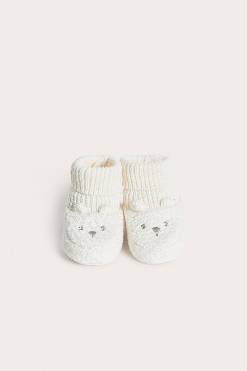 Baby white knitted bear-face booties