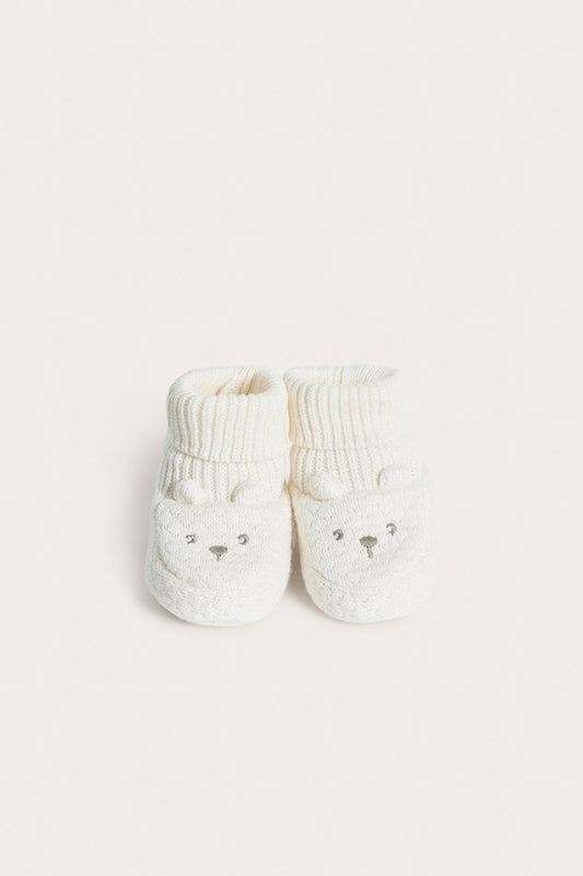 Baby white knitted bear-face booties