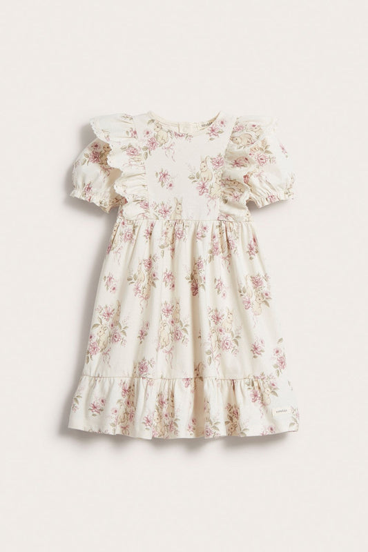 Kids white jersey bunnies and flowers dress