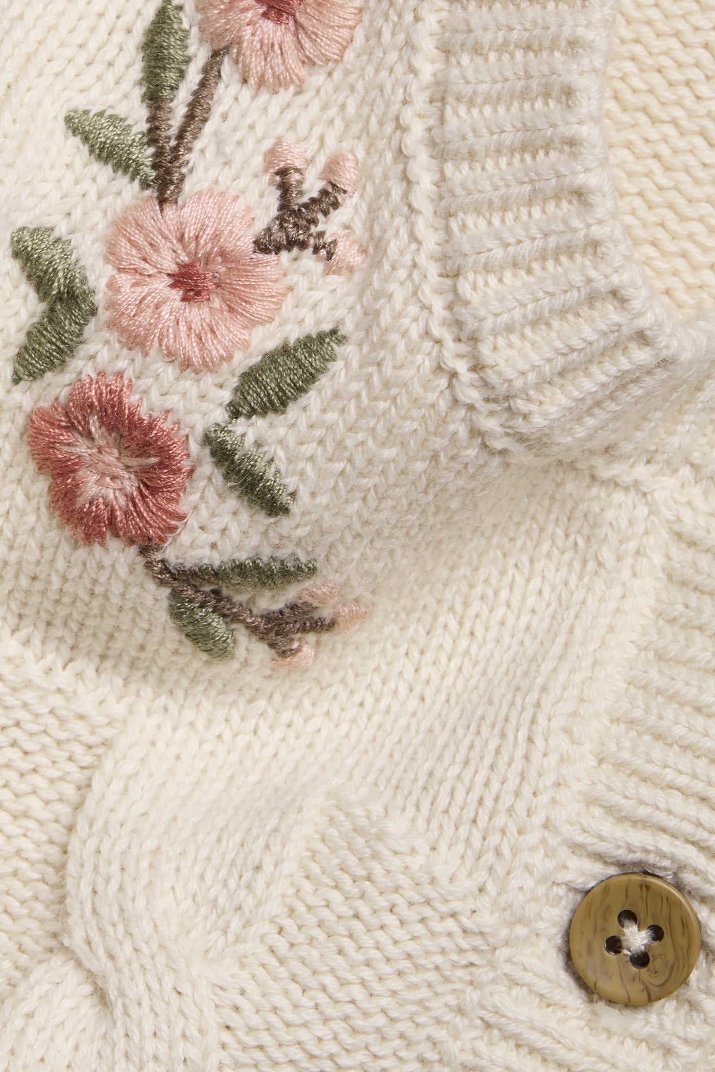 Baby white floral embroidery cable-knit cardigan