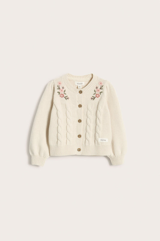 Baby white floral embroidery cable-knit cardigan