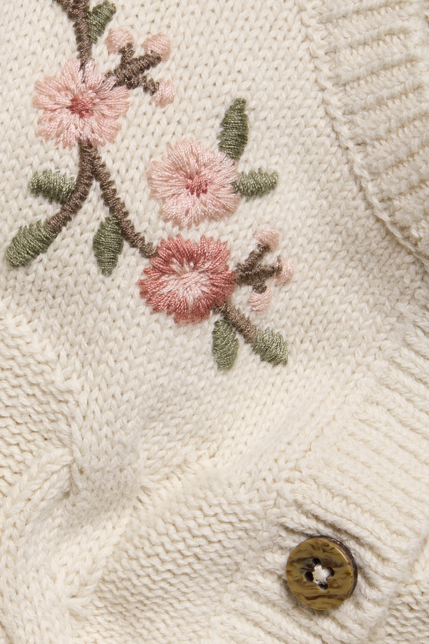 Kids white floral embroidery cable-knit cardigan