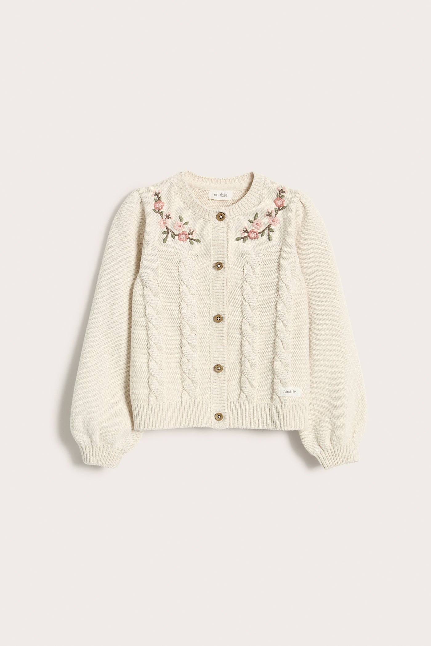 Kids white floral embroidery cable-knit cardigan