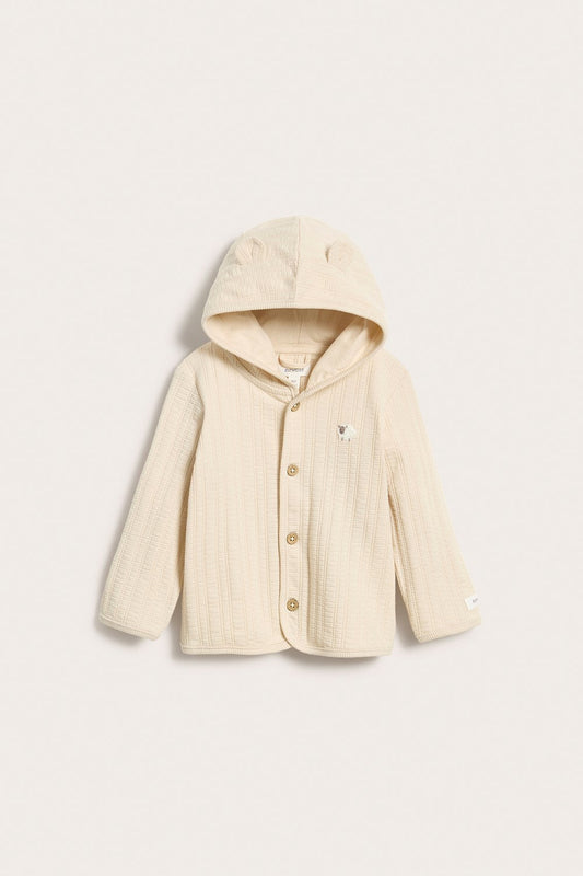 Baby beige quilted hood cardigan with lamb appliqu¨¦