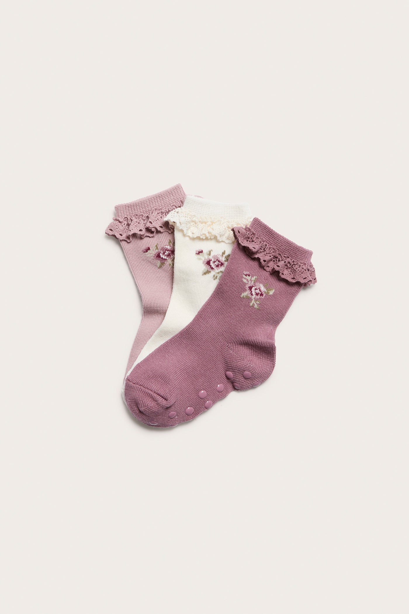 Baby pink floral embroidery socks 3-pack