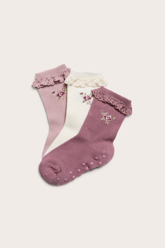 Kids pink floral embroidery socks 3-pack