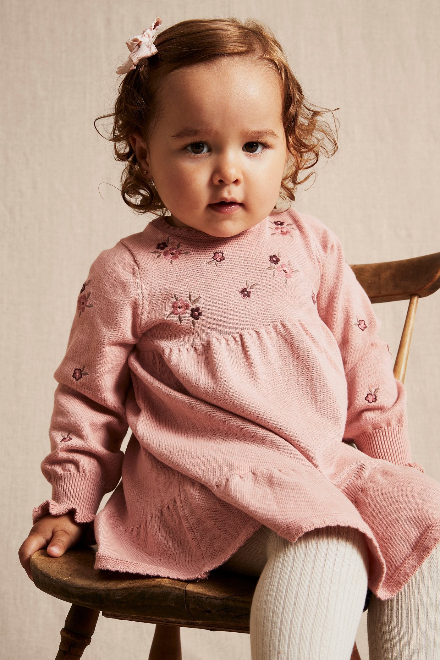 Baby pink floral embroidered knitted dress