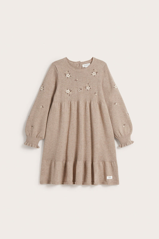 Kids brown fine-knit floral embroidery dress