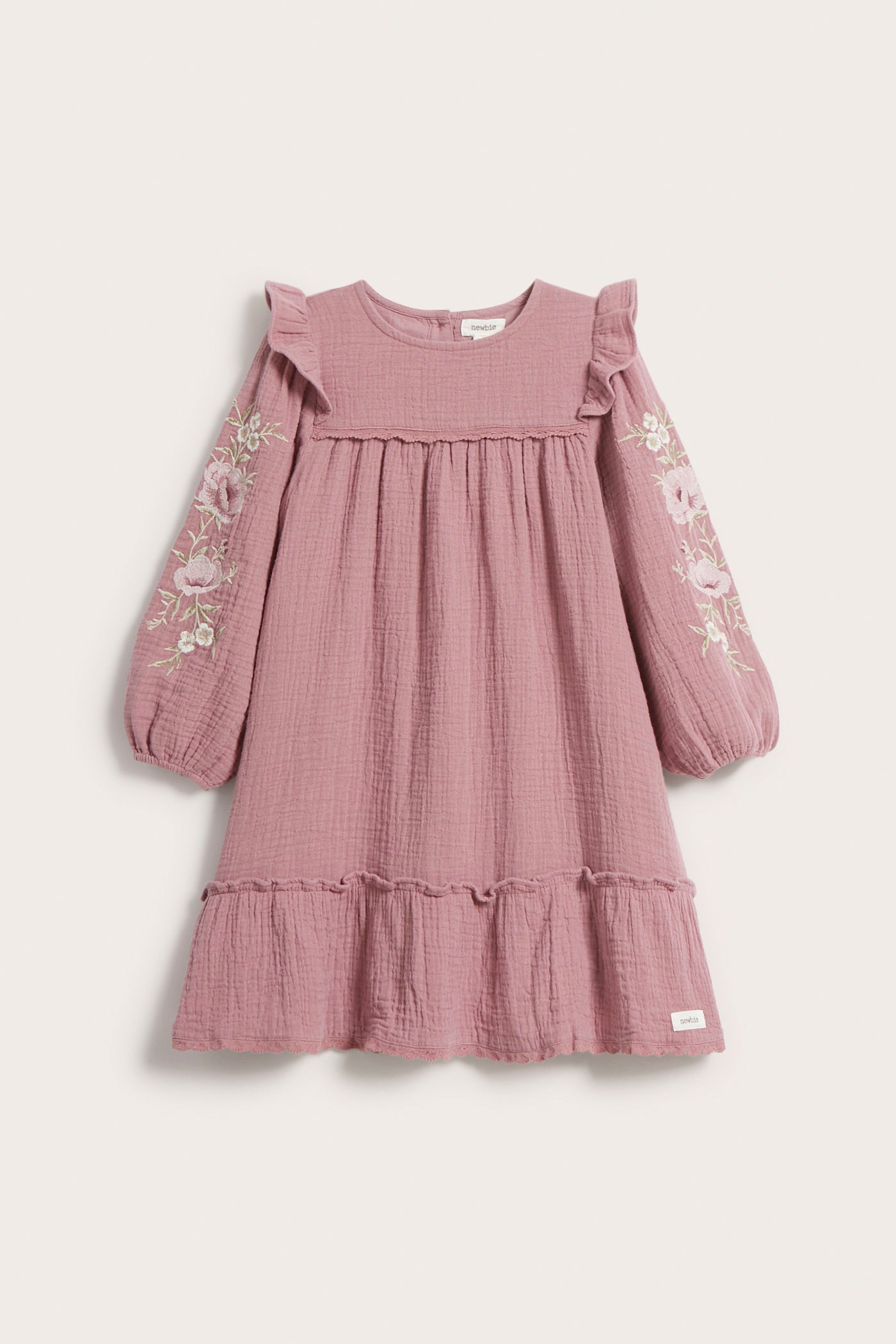 Kids dark pink floral embroidery crepe dress