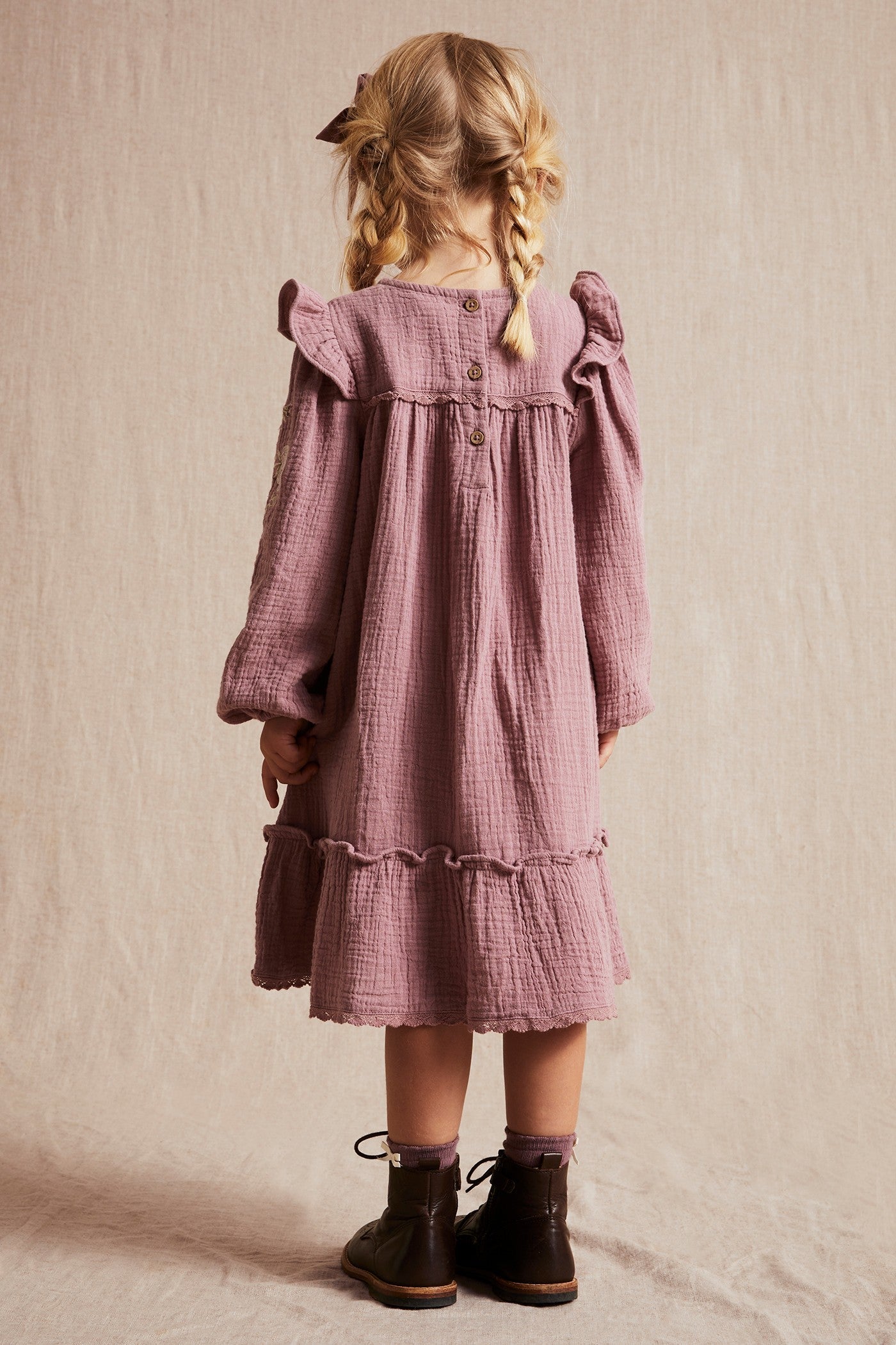 Kids dark pink floral embroidery crepe dress