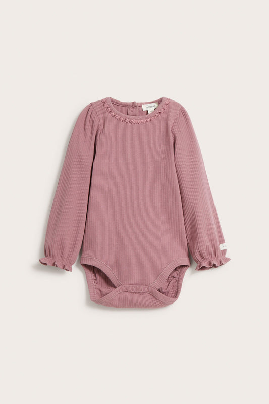 Baby pink long-sleeved irregular rib bodysuit