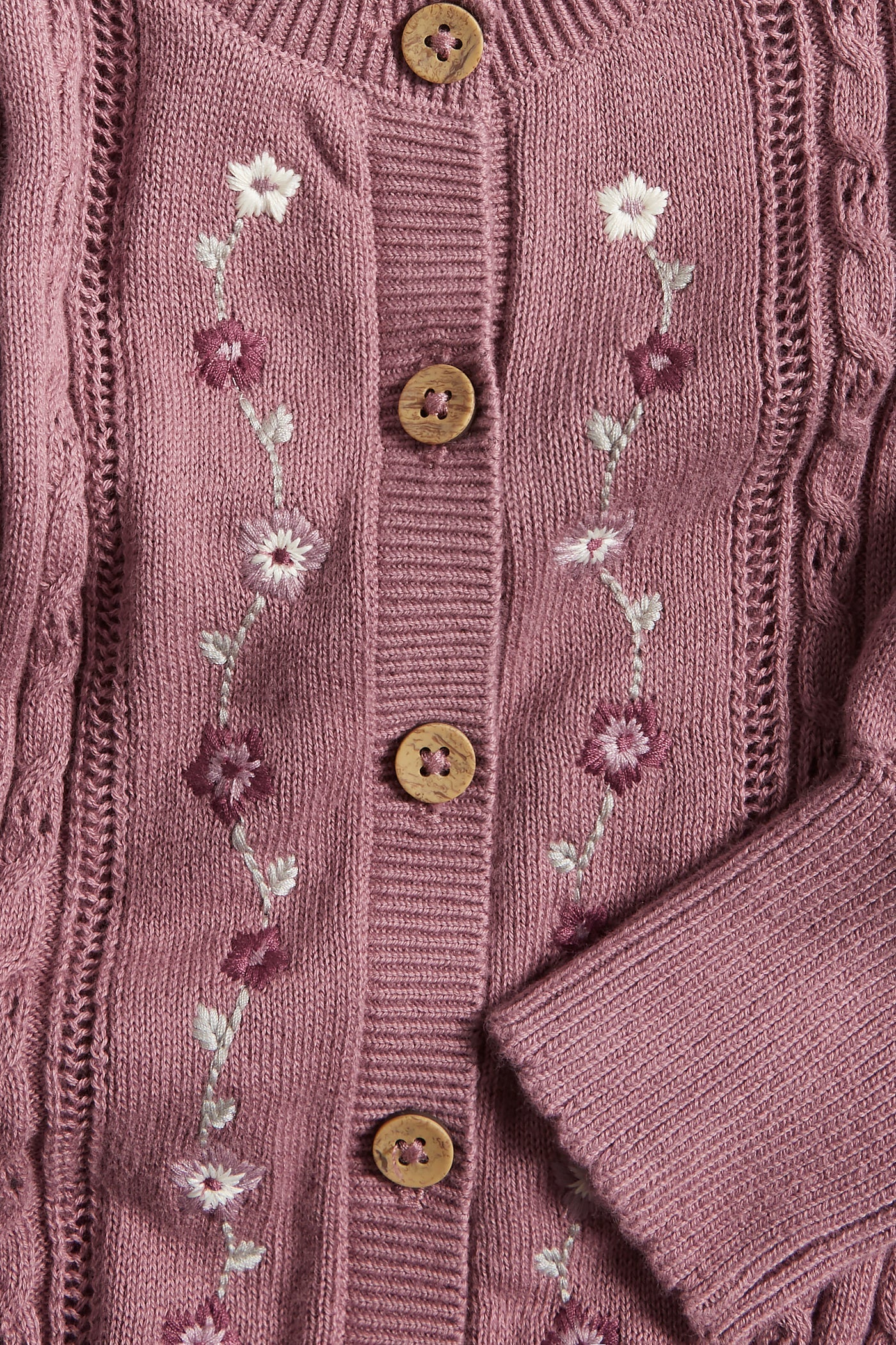 Kids pink cable-knit embroidered cardigan