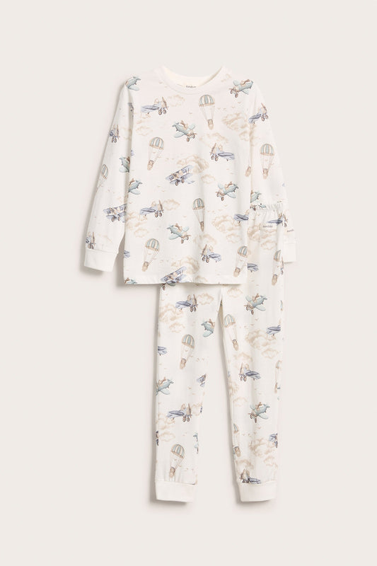 Kids white airplane-print two-piece pajama set