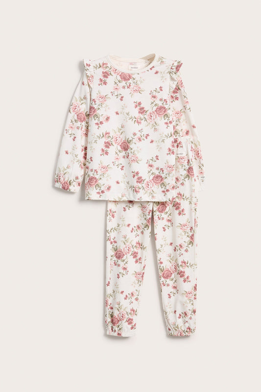 Kids white rose patterned two-piece pajama set