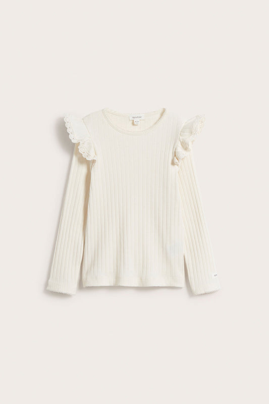 Kids white ribbed frill top