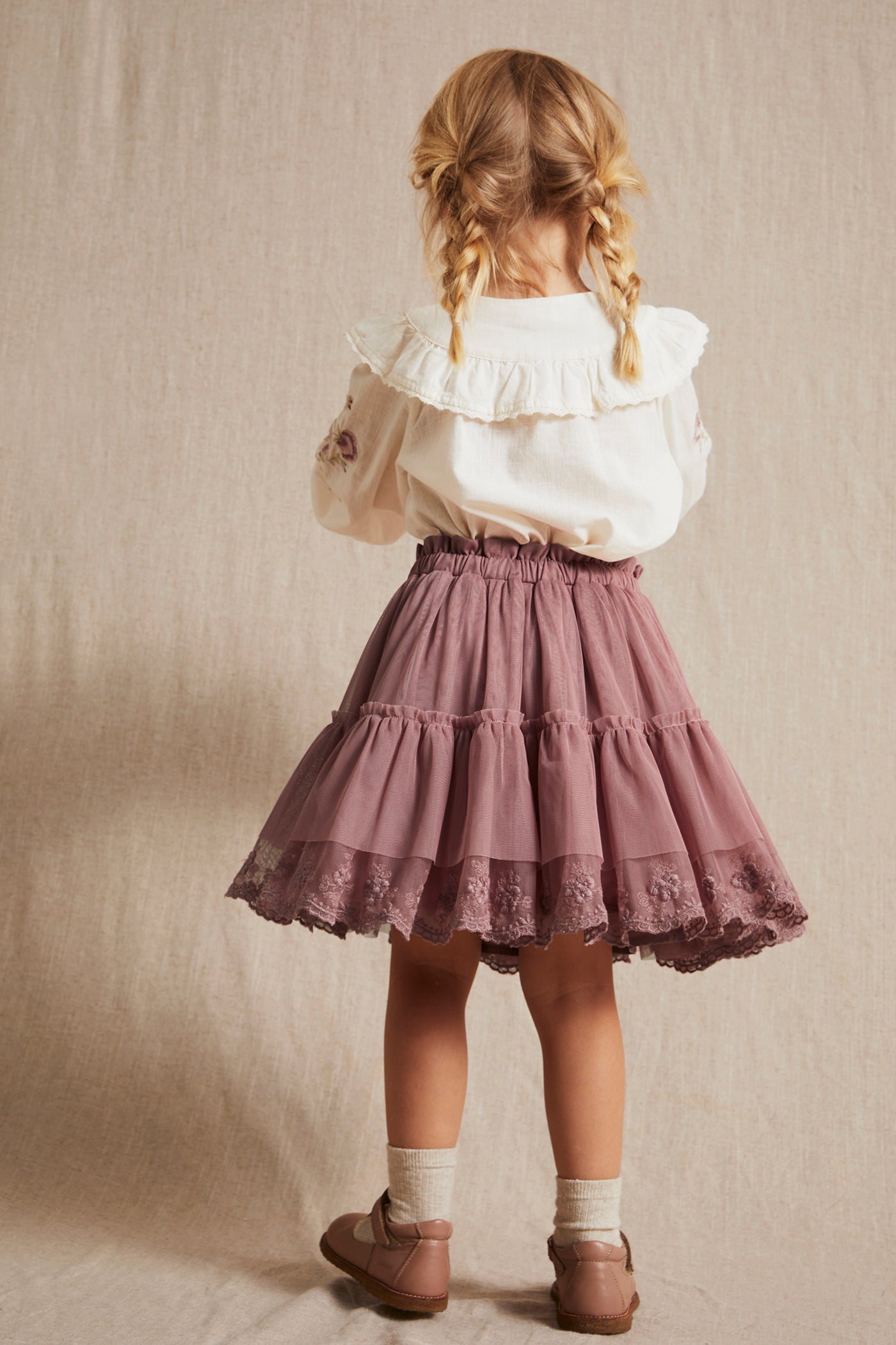 Kids dark pink mesh embroidered skirt