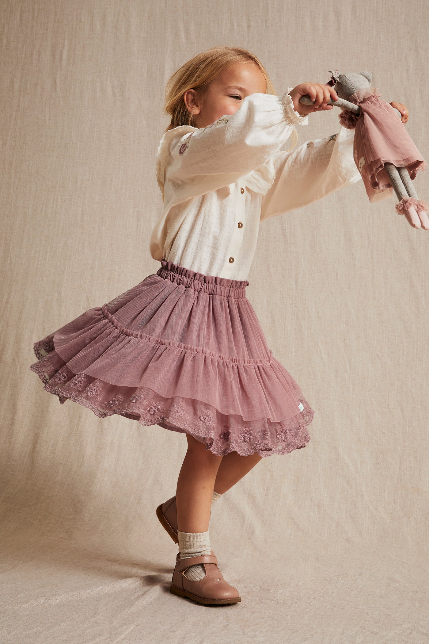 Kids dark pink mesh embroidered skirt