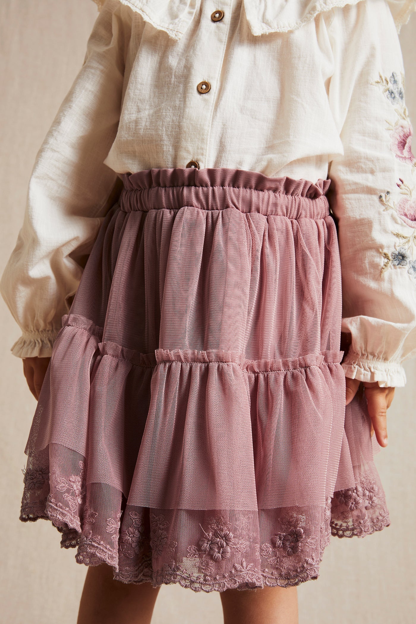 Kids dark pink mesh embroidered skirt