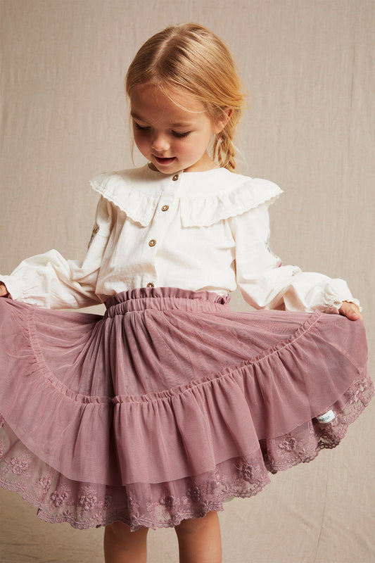 Kids dark pink mesh embroidered skirt