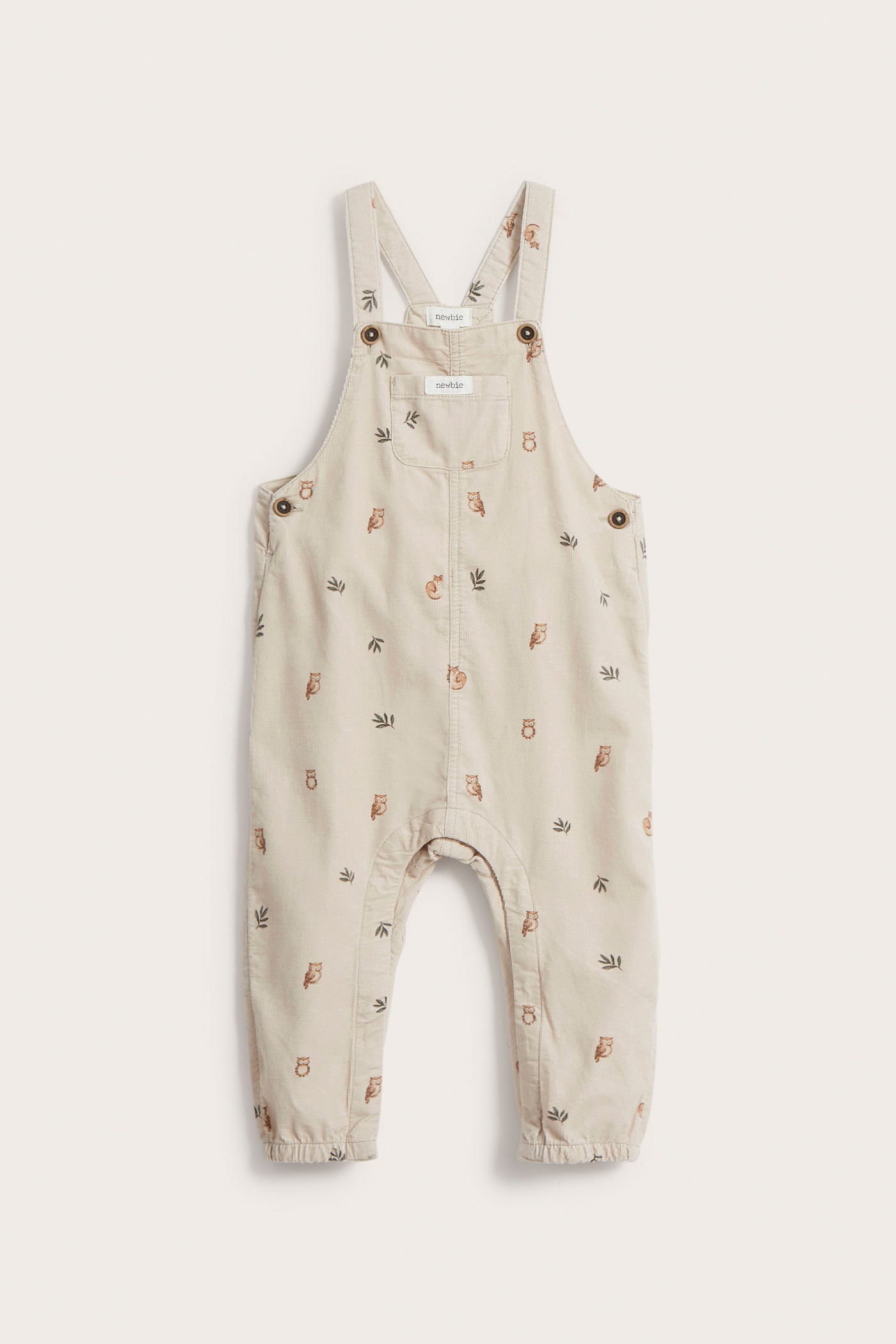 Baby beige owl patterned corduroy overalls