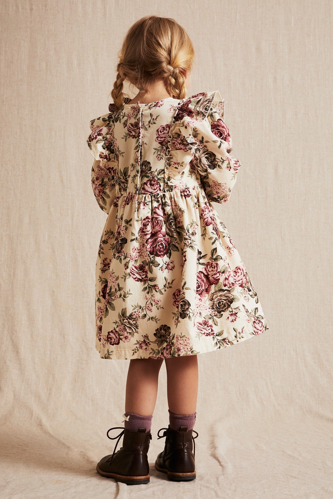 Kids beige rose patterned corduroy dress