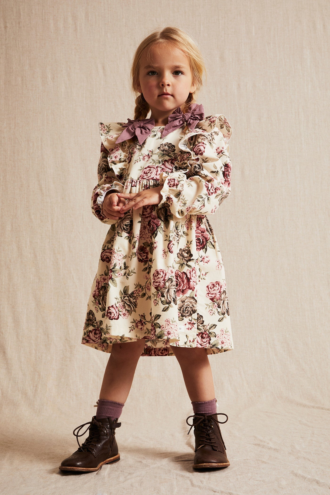 Kids beige rose patterned corduroy dress